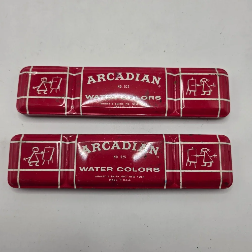 Binney & Smith Arcadian No 525 Watercolor Paint Tin Vintage Red Art Set USA Lot